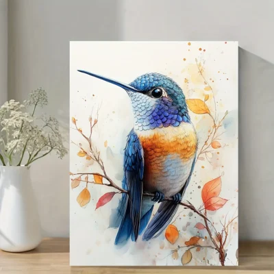 Light Blue & Orange Hummingbird with Autumn Leaves Wall Art Canvas Framed 40x60
