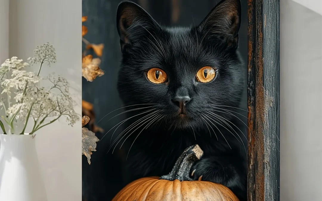 Vintage Black Cat & Pumpkin Wall Art Canvas Framed 40×60