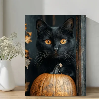 Vintage Black Cat & Pumpkin  Wall Art Canvas Framed 40x60