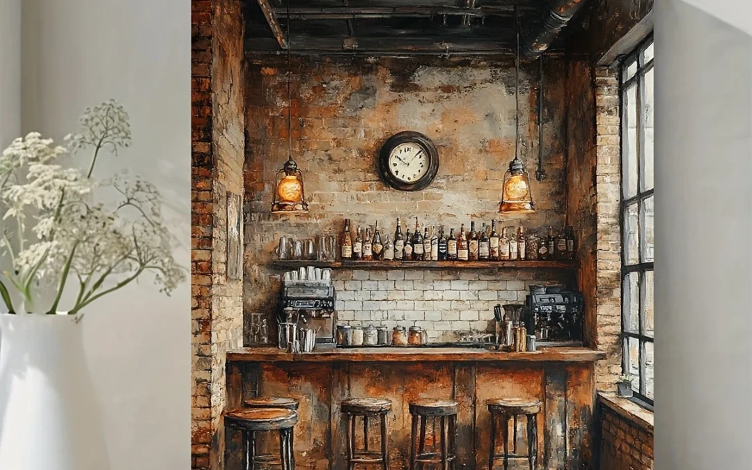 Vintage Kitchen ,Rustic Industrial Bar Scene Wall Art Canvas Framed 40×60