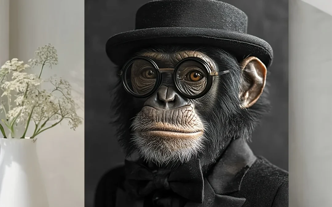 Realistic Monkey in Black Suit & Top Hat Wall Art Canvas Framed 40×60