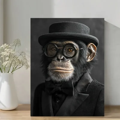 Realistic Monkey in Black Suit & Top Hat Wall Art Canvas Framed 40x60