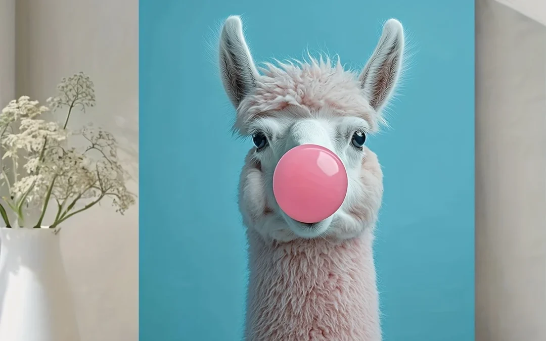 Funny Llama Blowing Pink Bubble Gum Wall Art Canvas Framed 40×60