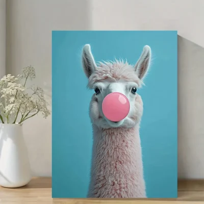 Funny Llama Blowing Pink Bubble Gum Wall Art Canvas Framed 40x60
