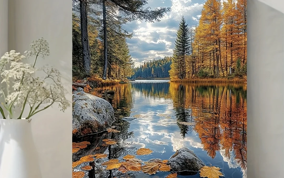Autumn Landscape with Golden Leaves & Pine Trees Wall Art Canvas Framed 40×60