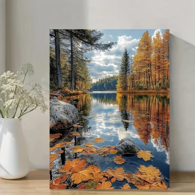 Autumn Landscape with Golden Leaves & Pine Trees Wall Art Canvas Framed 40x60
