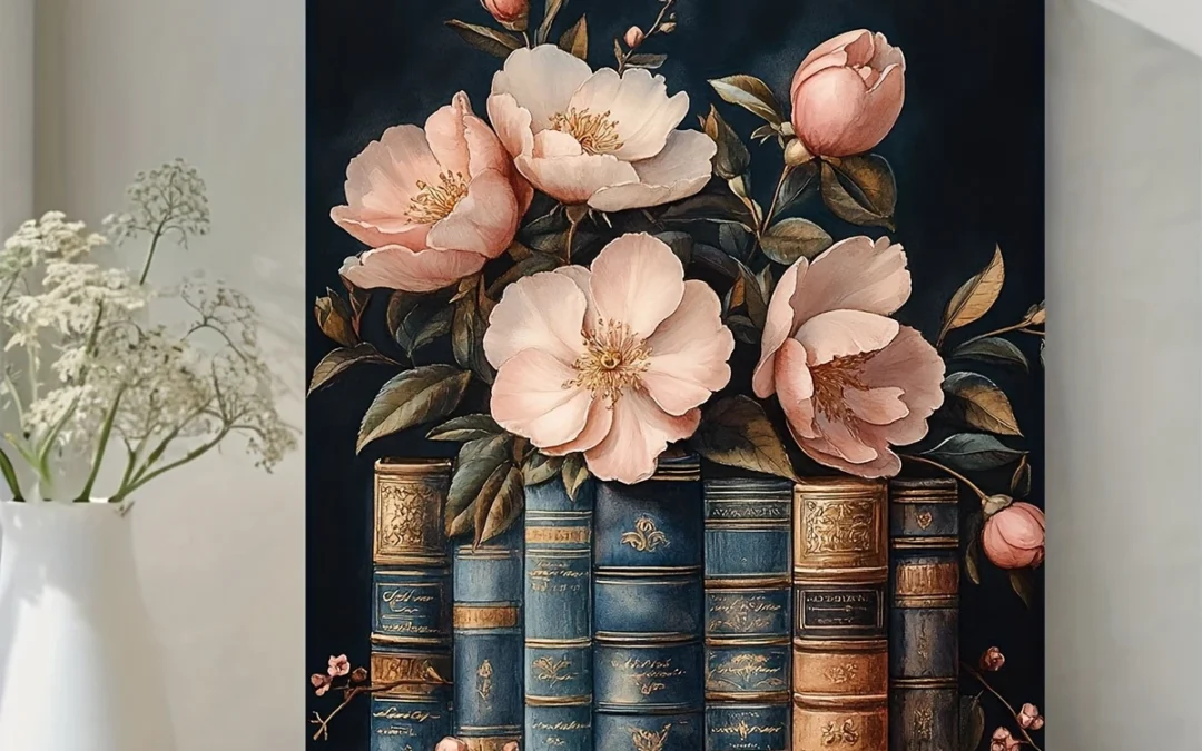 Vintage Books & Pink Flowers Wall Art Canvas Framed 40×60