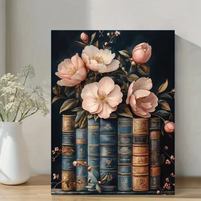 Vintage Books & Pink Flowers Wall Art Canvas Framed 40x60