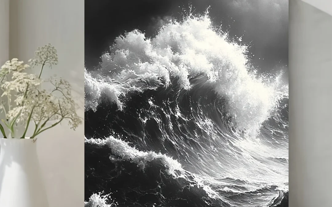 Japanese-Style Black and White Tidal WaveWall Art Canvas Framed 40×60
