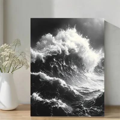 Japanese-Style Black and White Tidal WaveWall Art Canvas Framed 40x60