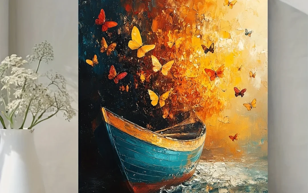 Vibrant Colorful Surreal Landscape with Butterflies and Boat Wall Art Canvas Framed 40×60