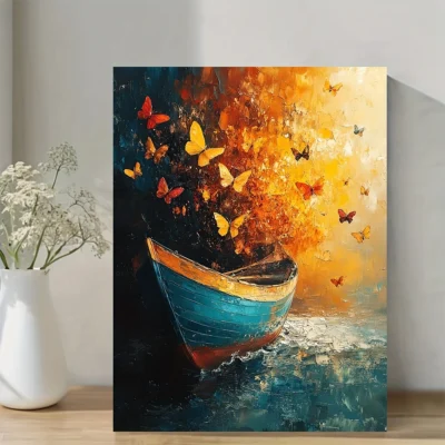 Vibrant Colorful Surreal Landscape with Butterflies and Boat Wall Art Canvas Framed 40x60