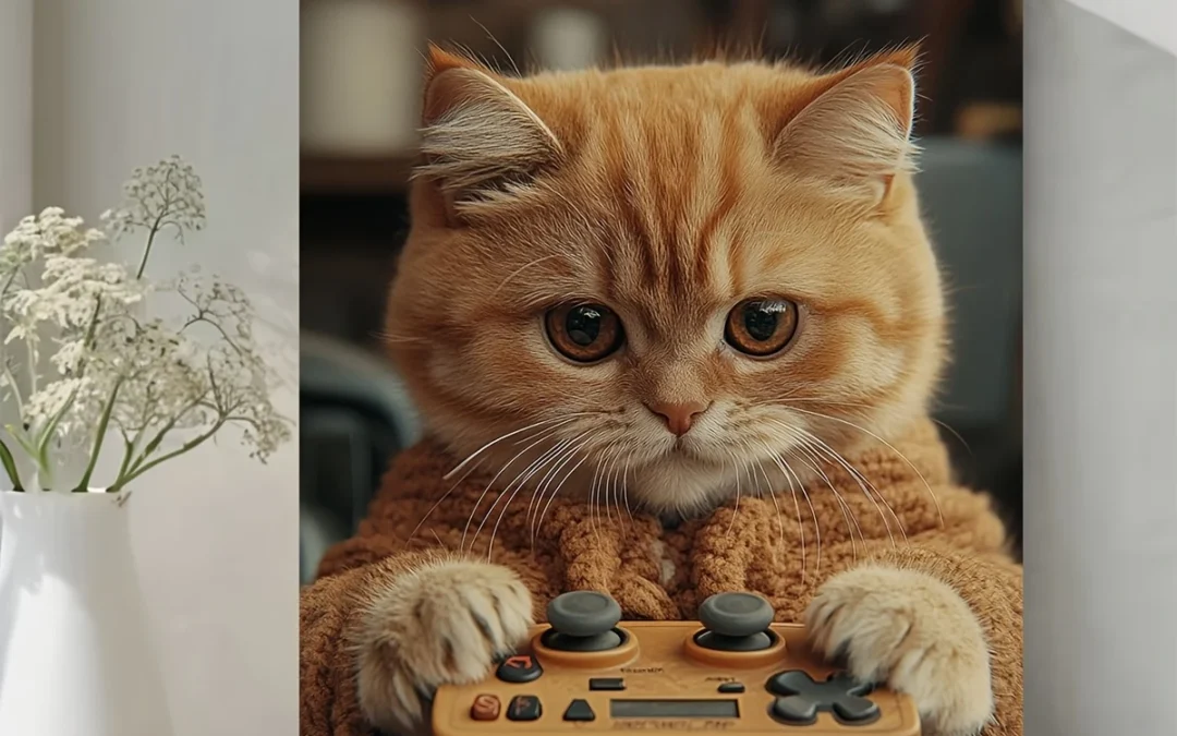 Vintage Cute Cat Playing Video Game Wall Art Canvas Framed 40×60