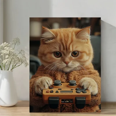 Vintage Cute Cat Playing Video Game Wall Art Canvas Framed 40x60