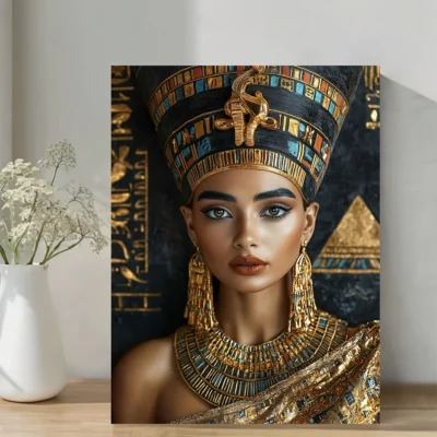 Egyptian Queen with Golden Pyramids & Hieroglyphics Wall Art Canvas Framed 40x60