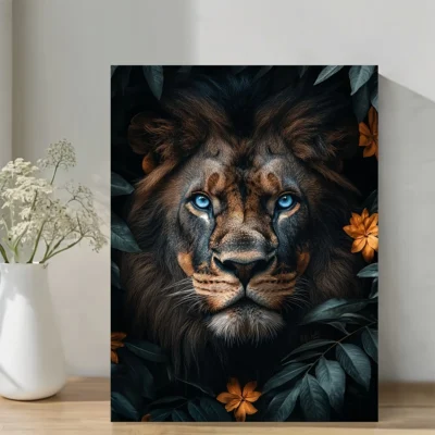 Vibrant Lion with Blue Eyes & Lush Floral Wall Art Canvas Framed 40x60