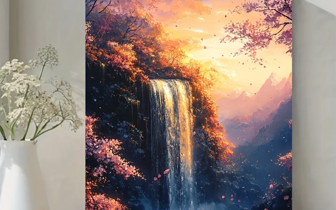 Vibrant Waterfall Landscape, High Fantasy Nature Scene Wall Art Canvas Framed 40×60
