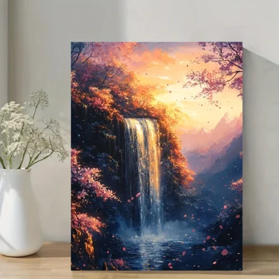Vibrant Waterfall Landscape, High Fantasy Nature Scene Wall Art Canvas Framed 40x60