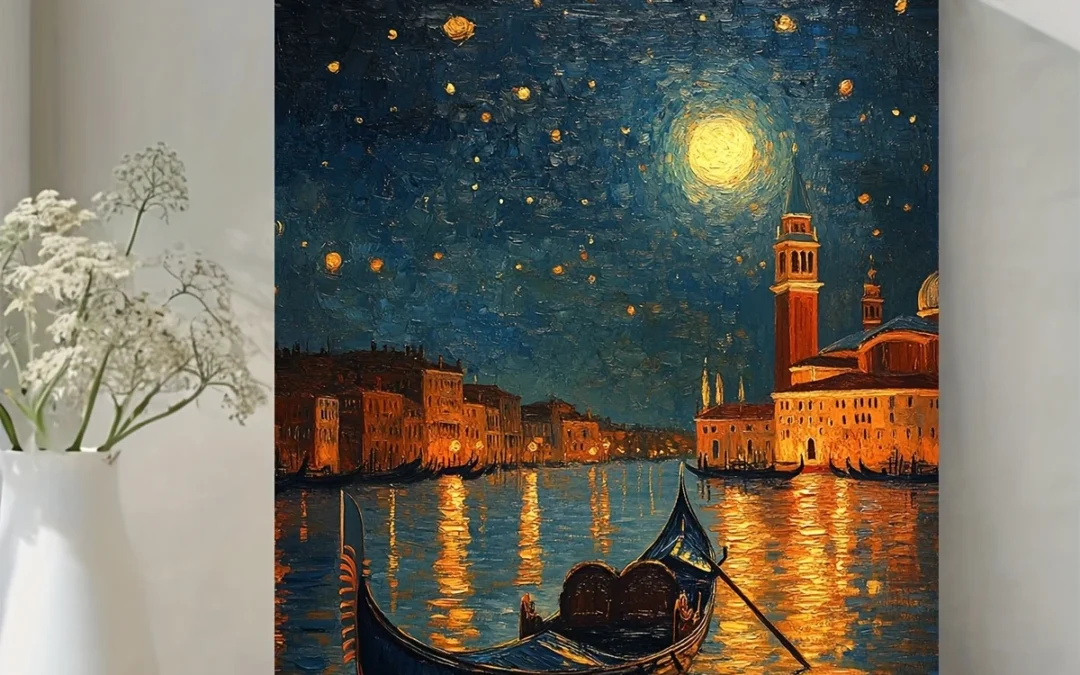Venice Canal Gondola Italy Starry Night Wall Art Canvas Framed 40×60