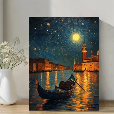 Venice Canal Gondola Italy Starry Night Wall Art Canvas Framed 40x60