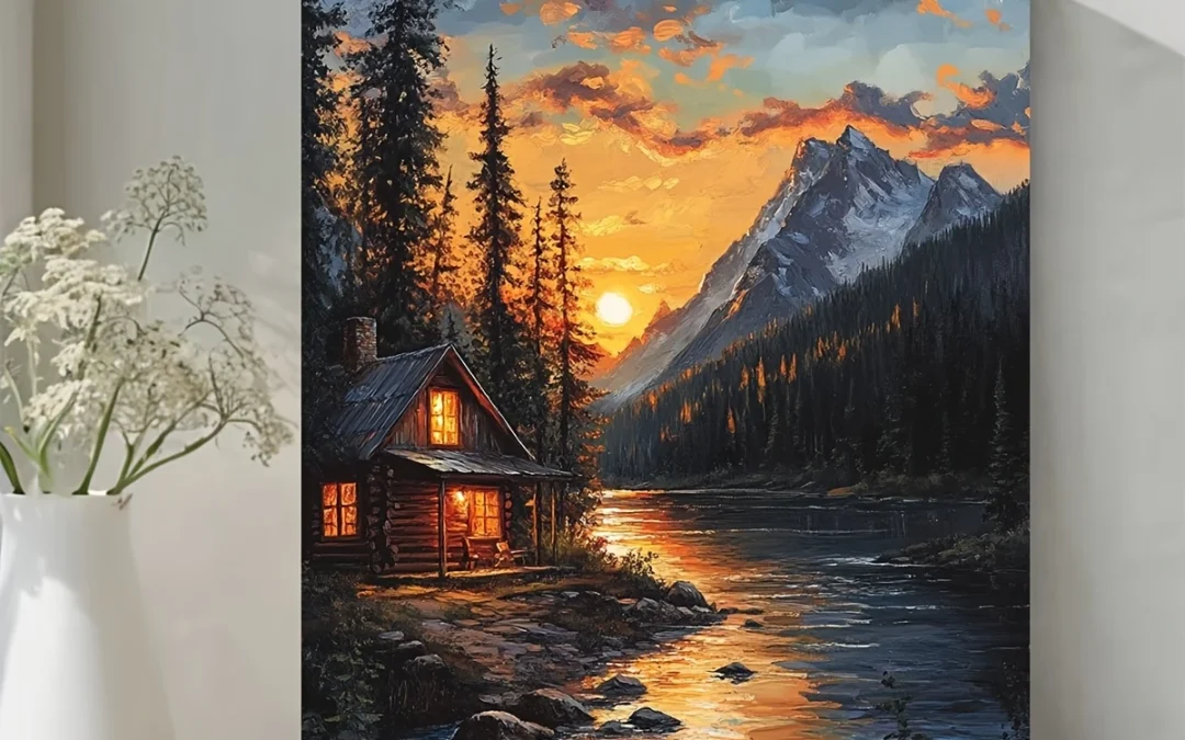 Sunset River Cabin Painting Wall Art Canvas Framed 40×60