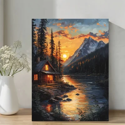 Sunset River Cabin Painting Wall Art Canvas Framed 40x60