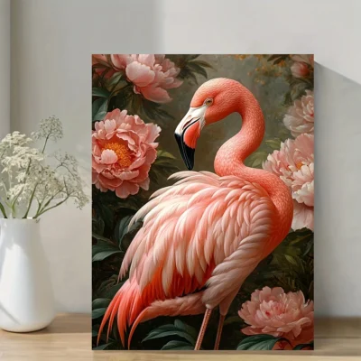 Elegant Pink Flamingo & Peony Wall Art Canvas Framed 40x60