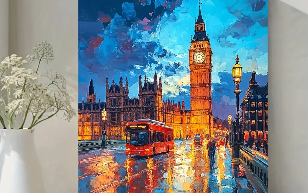 London Big Ben & Red Bus Parliament Oil Painting Wall Art Canvas Framed 40×60