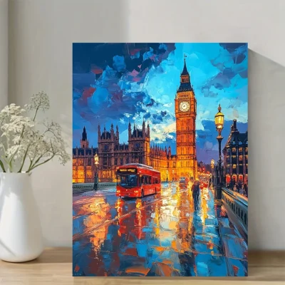 London Big Ben & Red Bus Parliament Oil Painting Wall Art Canvas Framed 40x60