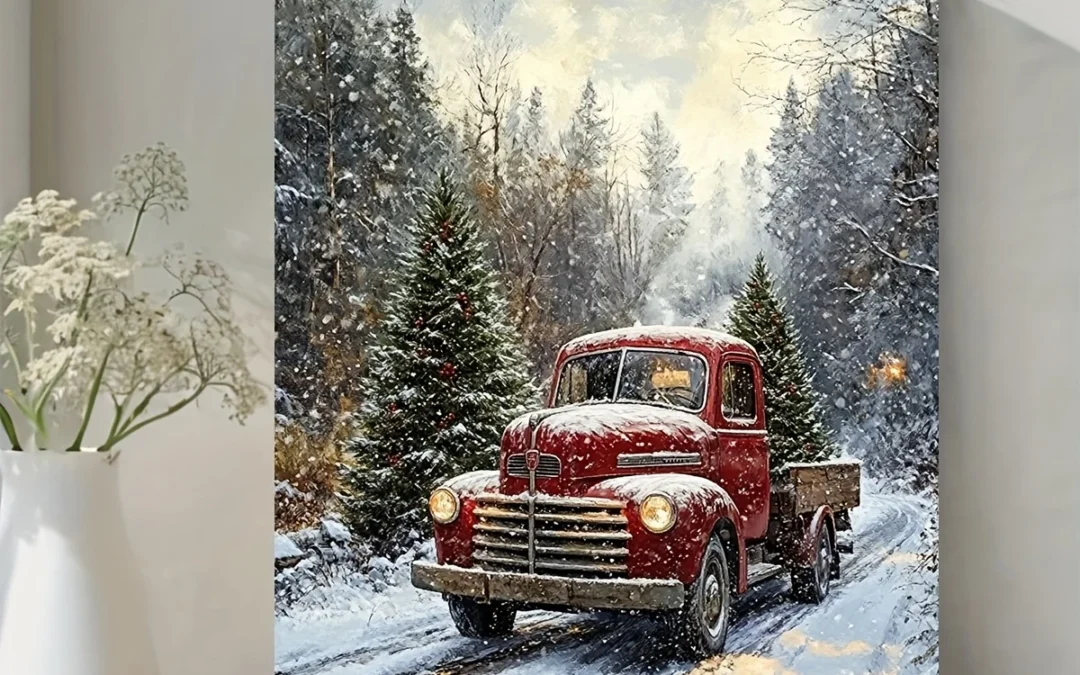 Vintage 1950s Red Truck Delivering Christmas Trees in Snow Wall Art Canvas Framed 40×60