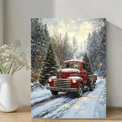 Vintage 1950s Red Truck Delivering Christmas Trees in Snow Wall Art Canvas Framed 40x60