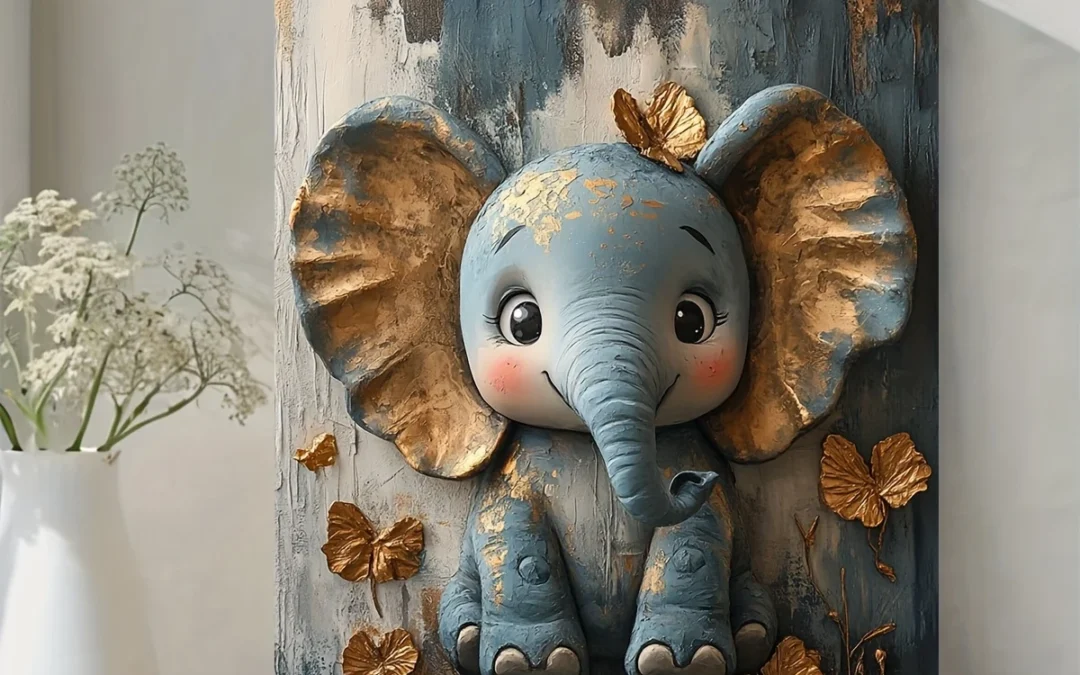 Charming Blue Youngsters Elephant with Golden Accents Wall Art Canvas Framed 40×60