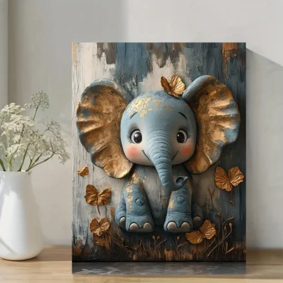 Charming Blue Youngsters Elephant with Golden Accents Wall Art Canvas Framed 40x60