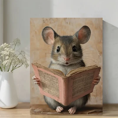 Reading Mouse  Pink Vintage Style Wall Art Canvas Framed 40x60