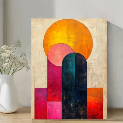 Retro Geometric Design with Bold Bright Colors Wall Art Canvas Framed 40x60