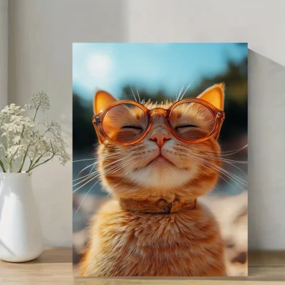 Cute Cat with Fashion Glasses Beach Wall Art Canvas Framed 40x60