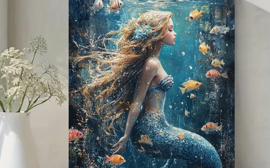 Mermaid & Fish Underwater Fantasy Wall Art Canvas Framed 40×60