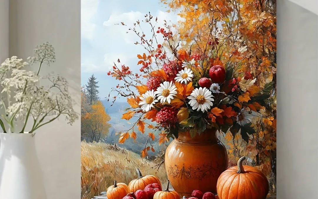 Autumn Pumpkin & Floral With White Daisies Wall Art Canvas Framed 40×60