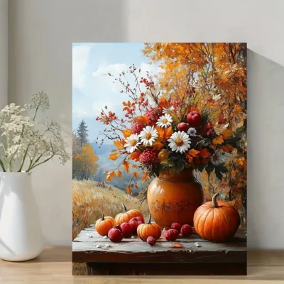 Autumn Pumpkin & Floral With White Daisies Wall Art Canvas Framed 40x60