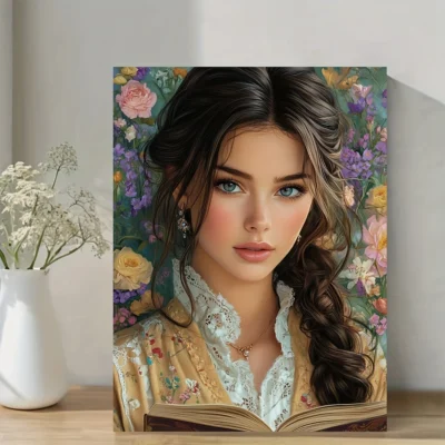 Romantic Lady Reading in Vintage Floral Wall Art Canvas Framed 40x60
