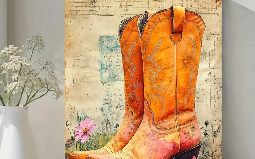Cowgirl Boots Pink & Orange Floral Wall Art Canvas Framed 40×60