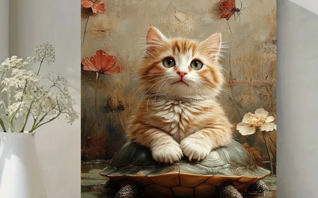 Adorable Cat on Turtle Wall Art Canvas Framed 40×60