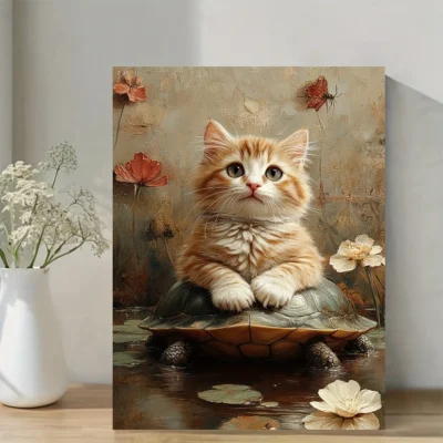 Adorable Cat on Turtle Wall Art Canvas Framed 40x60
