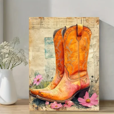 Cowgirl Boots  Pink & Orange Floral Wall Art Canvas Framed 40x60