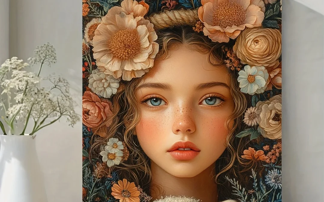 Girl Portrait With Lamb & Blooming Garden Butterflies Wall Art Canvas Framed 40×60