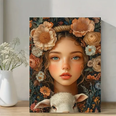 Girl Portrait With Lamb & Blooming Garden Butterflies Wall Art Canvas Framed 40x60