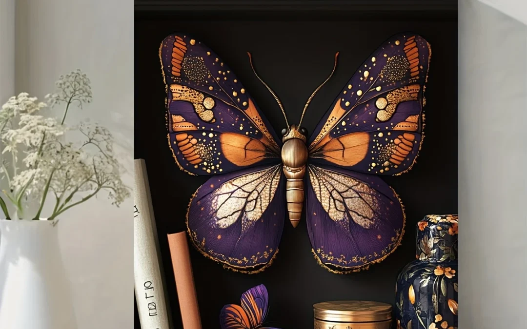 Purple ,Golden Moth Insect Illustration Wall Art Canvas Framed 40×60