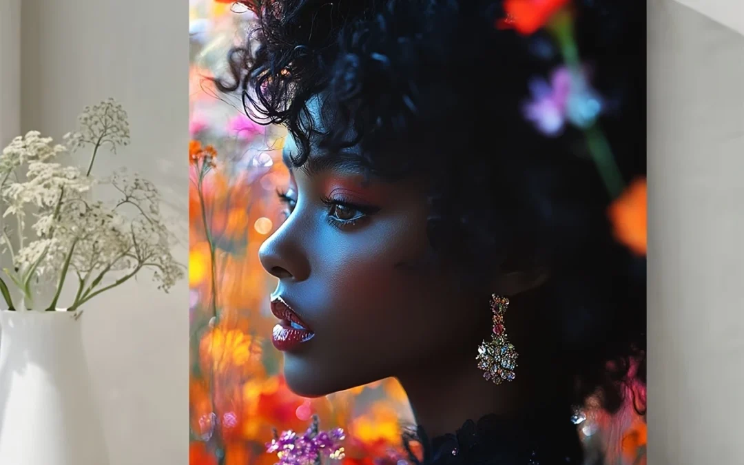 Modern Portrait with Colorful Floral Backdrop & Jewelry Wall Art Canvas Framed 40×60