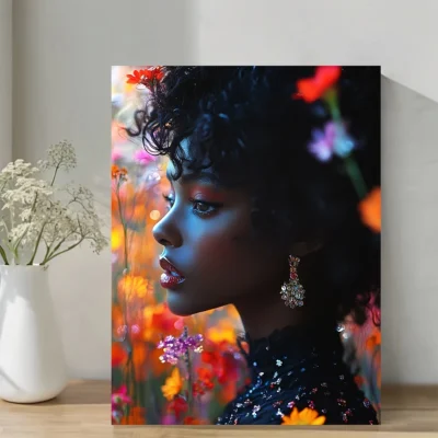 Modern Portrait with Colorful Floral Backdrop & Jewelry Wall Art Canvas Framed 40x60
