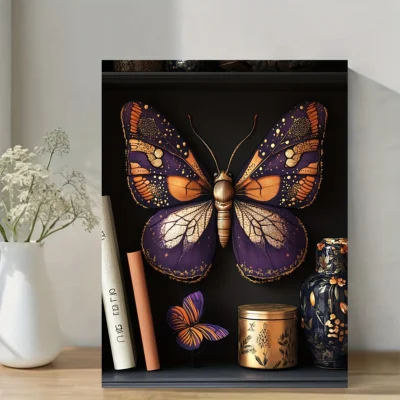 Purple ,Golden Moth Insect Illustration Wall Art Canvas Framed 40x60